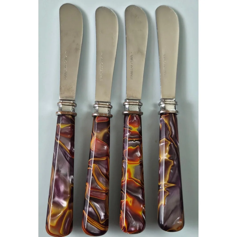 Set of 4 Marbled Resin Handle Butter Spreaders Stainless Steel  Swirl MCM like